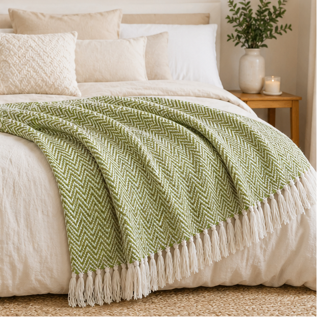 Green herringbone blanket with white tassels displayed over a bed