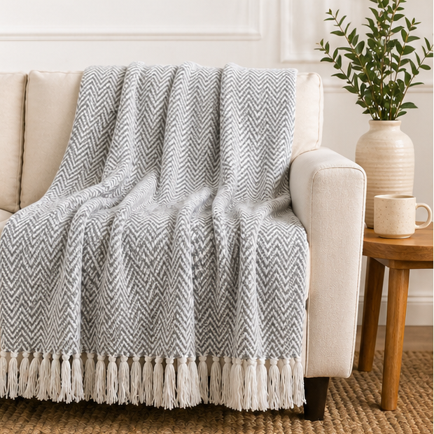 A grey and white patterned throw blanket on a sofa.