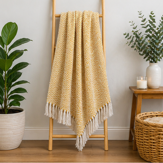 Yellow blanket with white fringe displayed over a ladder.