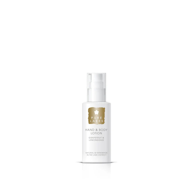 White bottle of Pure Lashes hand and body lotion on a white background