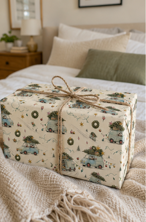 Badger Christmas wrapping paper pattern with scarf-wearing badgers driving pale-blue vintage cars loaded with fir trees, wreaths and colourful baubles.