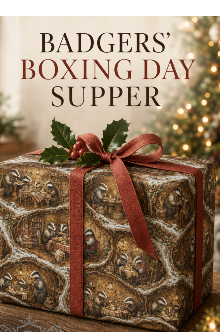 A wrapped gift box with a rustic woodland pattern and a red ribbon bow sits on a wooden table with holiday greenery and warm string lights in the background. Large text at the top reads “BADGERS’ BOXING DAY SUPPER,” and a Byard’s branding mark appears at the bottom left.