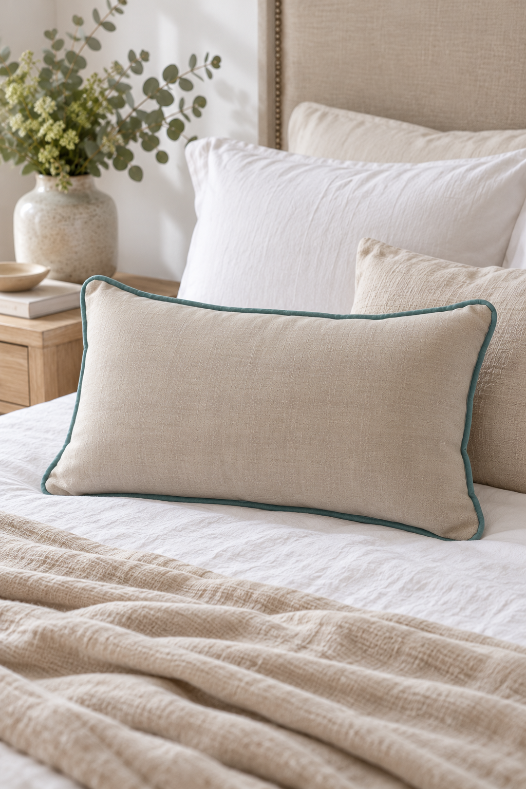 A linen cushion with duck egg piping styled on a bed with white and beige pillows, a textured beige blanket, and a wooden side table with a vase of greenery.
