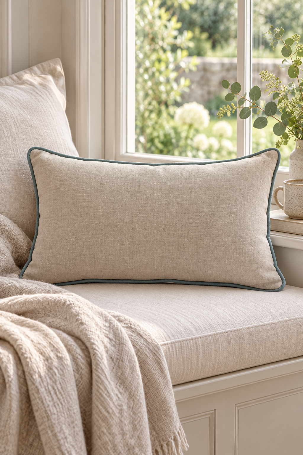 A linen cushion with duck egg piping , styled on a matching beige cushioned window seat with a textured cream throw blanket and a window showing green foliage outside.