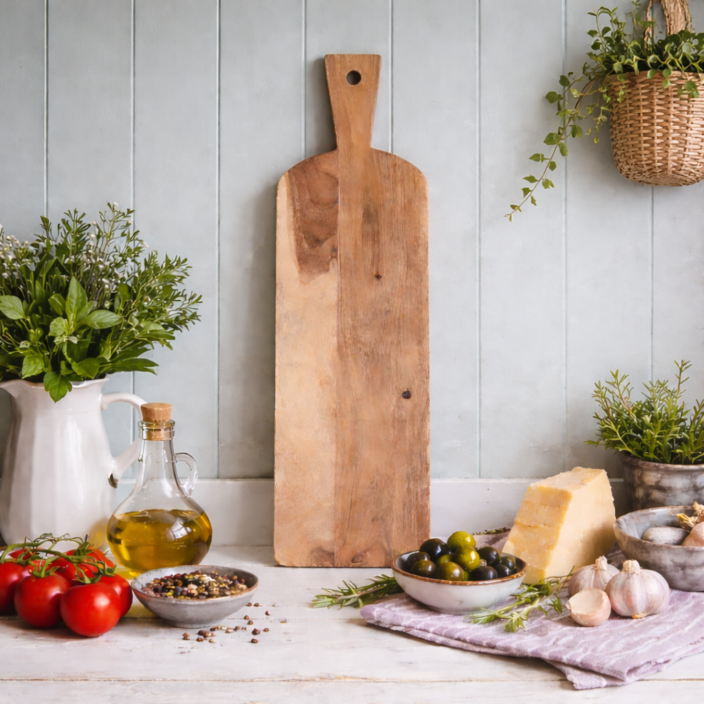 Wooden cutting board on a kitchen counter with vegetables and a bottle of oil.
