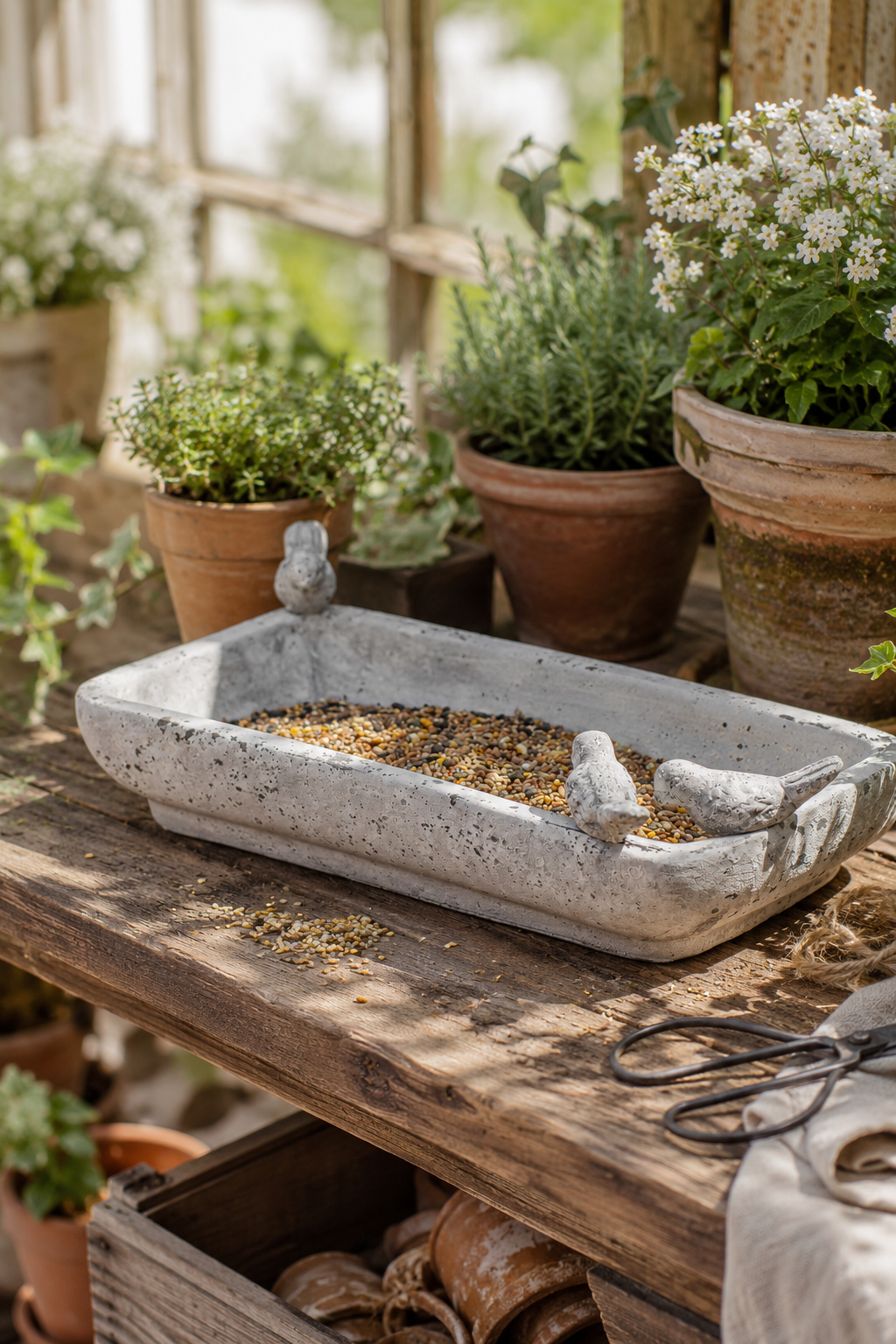 Decorative bird feeder with seeds on a wooden table in a garden setting
