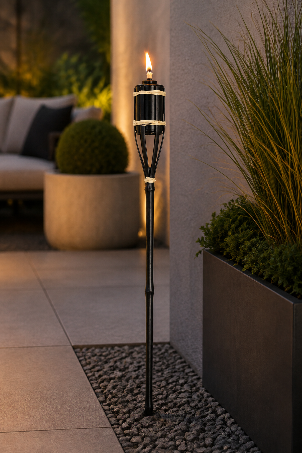 A black outdoor torch light with a lit flame, mounted on a garden patio next to a planter and concrete wall.