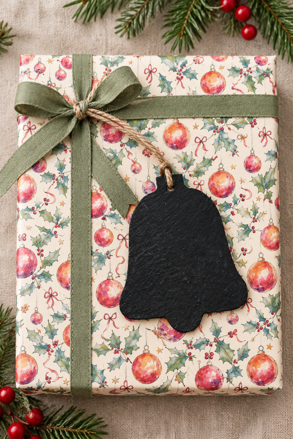 A slate bell gift tag on a Christmas-themed gift box wrapped in cream-colored paper with a red and green ornament pattern, tied with an olive green ribbon and a black wooden bell-shaped tag, surrounded by pine branches and red berries.