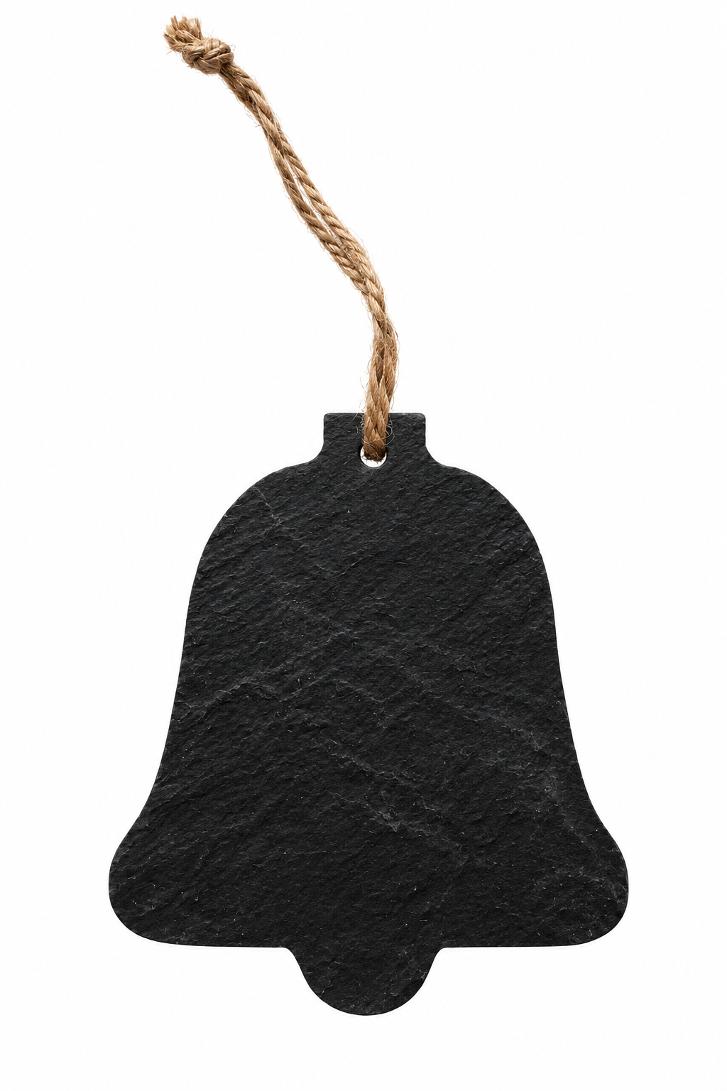 A black slate bell-shaped hanging ornament with a natural jute rope loop, isolated on a white background.