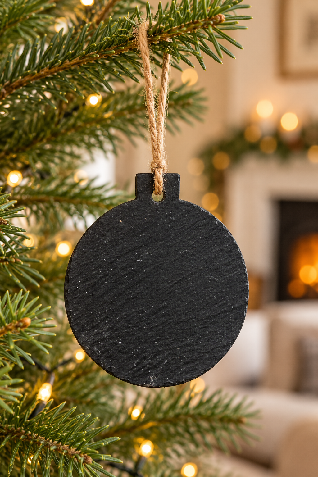 A round black slate Christmas ornament hanging from a natural jute twine string on a decorated evergreen tree, with a warm, blurred living room background featuring a fireplace.