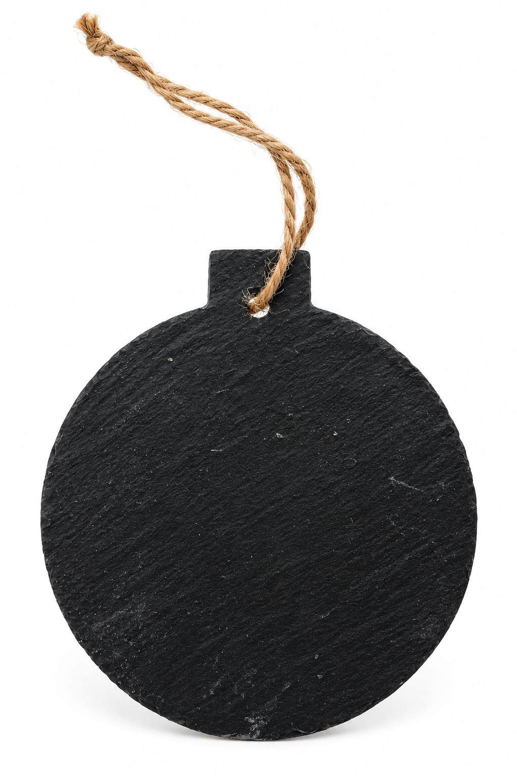 Bauble-shaped blank slate gift tag in dark charcoal grey, with natural surface markings and a rustic rope loop, resting on a pale wooden background.