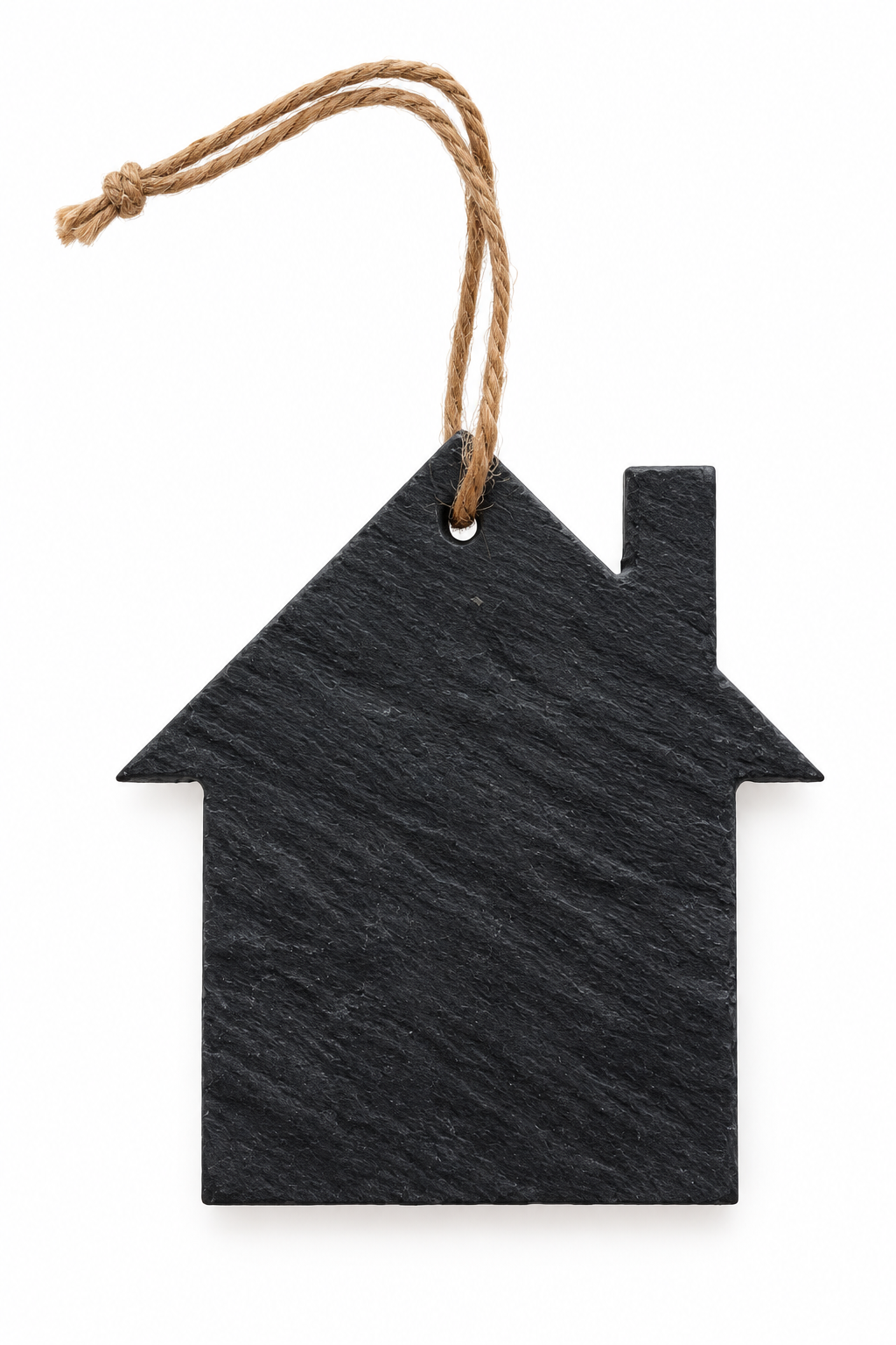 A house-shaped black slate hanging ornament with a natural jute twine loop at the top, shown on a plain white background.