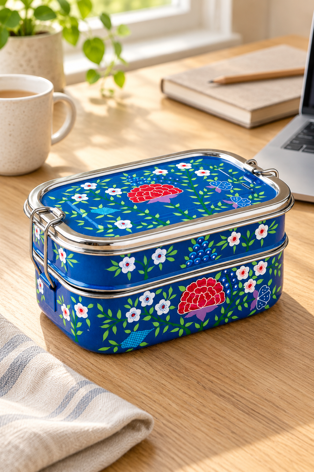 A blue tripple-layer lunch box with a floral pattern and silver metal latches, placed on a wooden desk next to a mug, notebook, and laptop.
