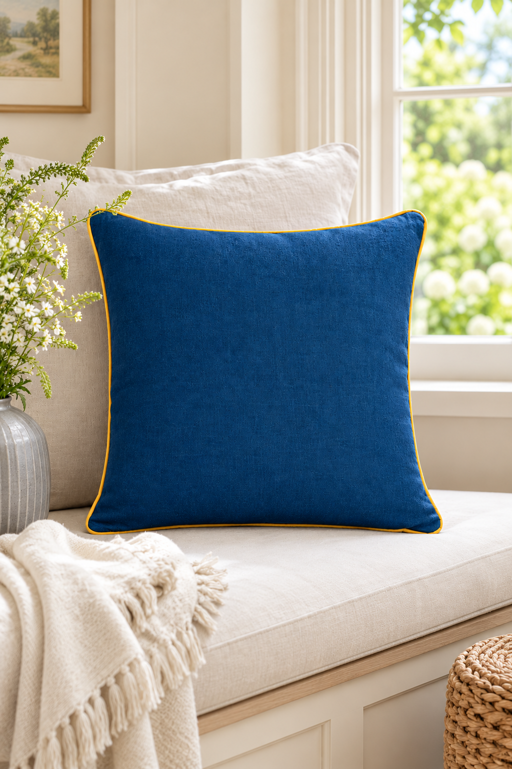 A square royal blue linen pillow with yellow piping trim, styled on a cream-coloured window seat cushion with a cream throw blanket, a white vase with greenery, and a window in the background.