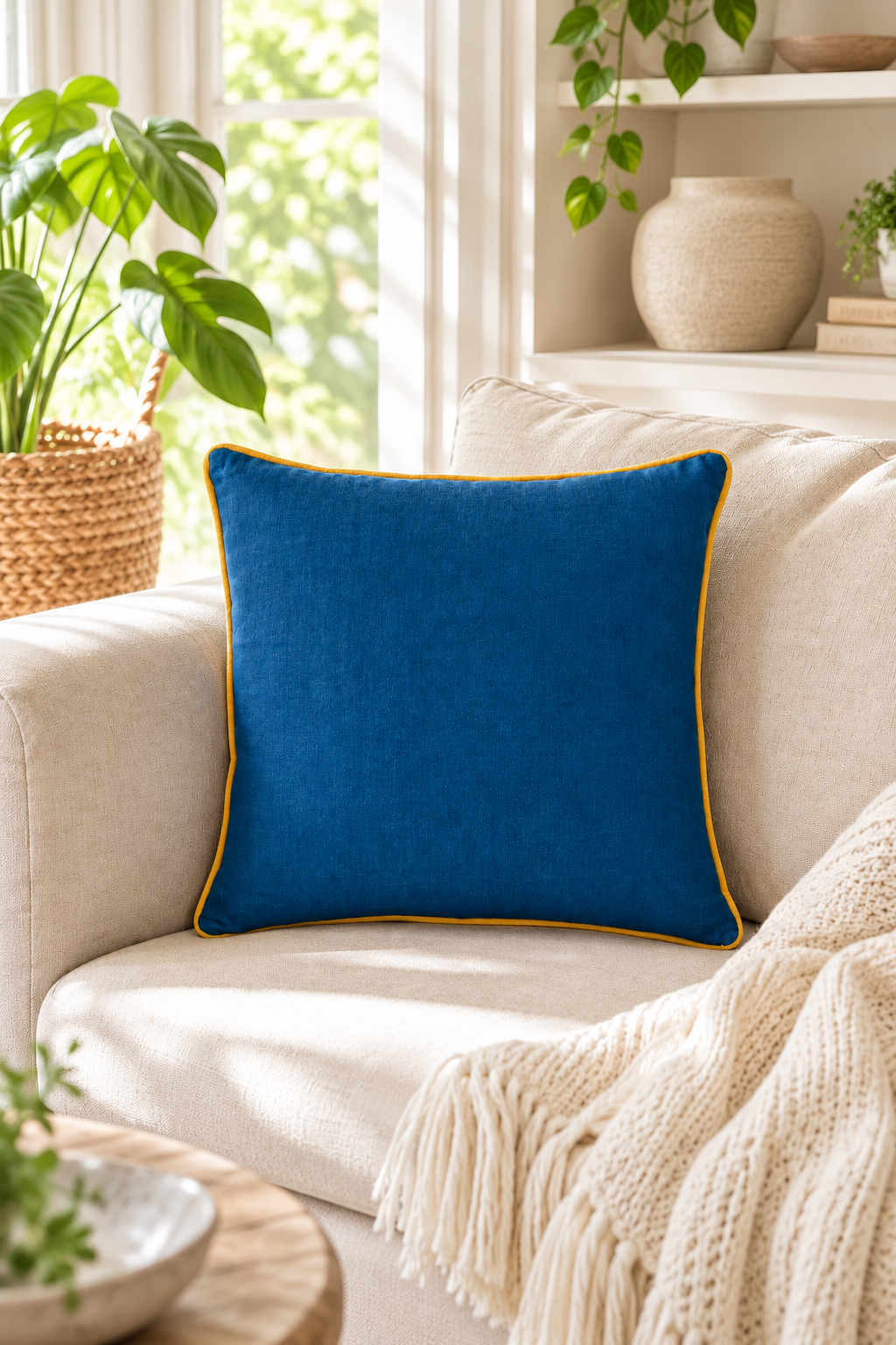Plain deep blue linen cushion cover with mustard piping styled on a cream sofa.