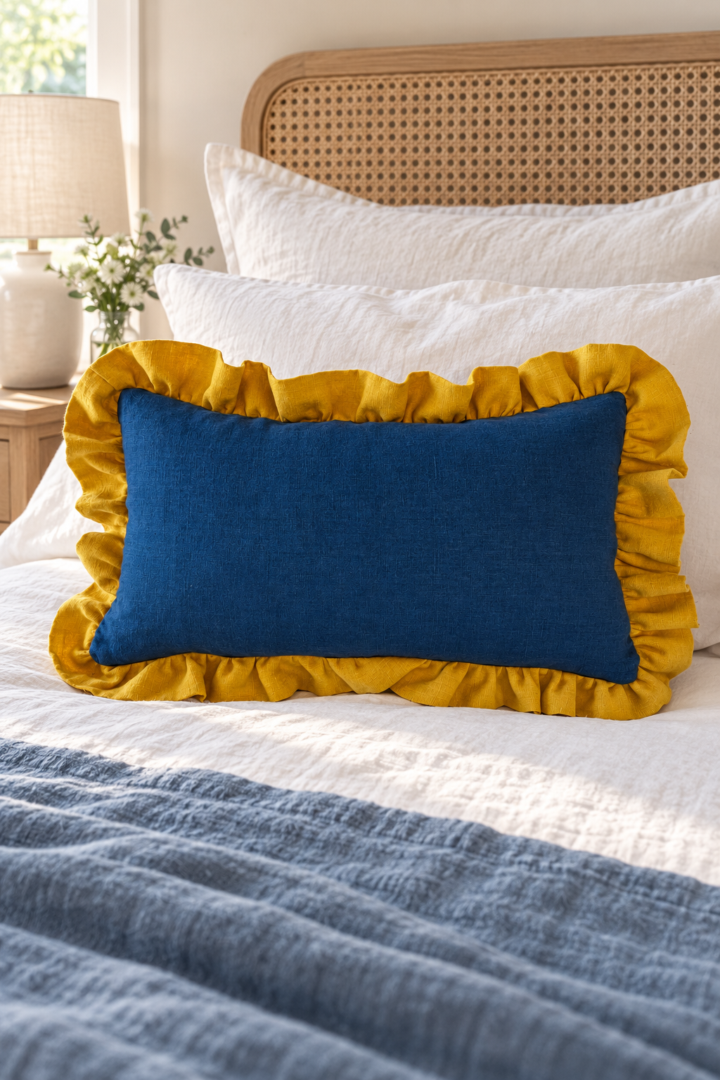 Blue 50 × 30cm linen cushion with mustard ruffle on white bedding beneath a woven cane headboard.