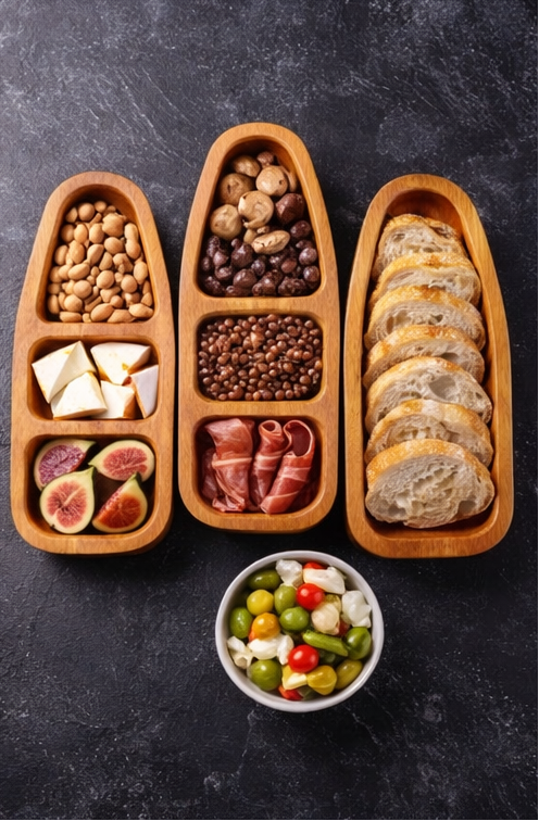 Wooden platter with assorted foods including bread, cheese, figs, and olives on a dark surface.