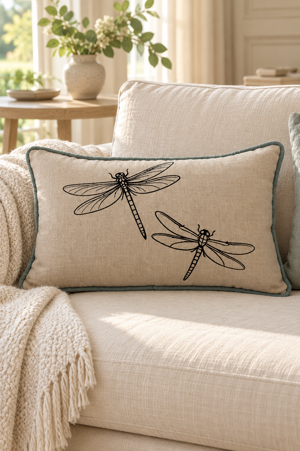 A rectangular linen cushion with black dragonfly print and a duck egg piped border, resting on a cream-colored sofa in a bright, modern living room.