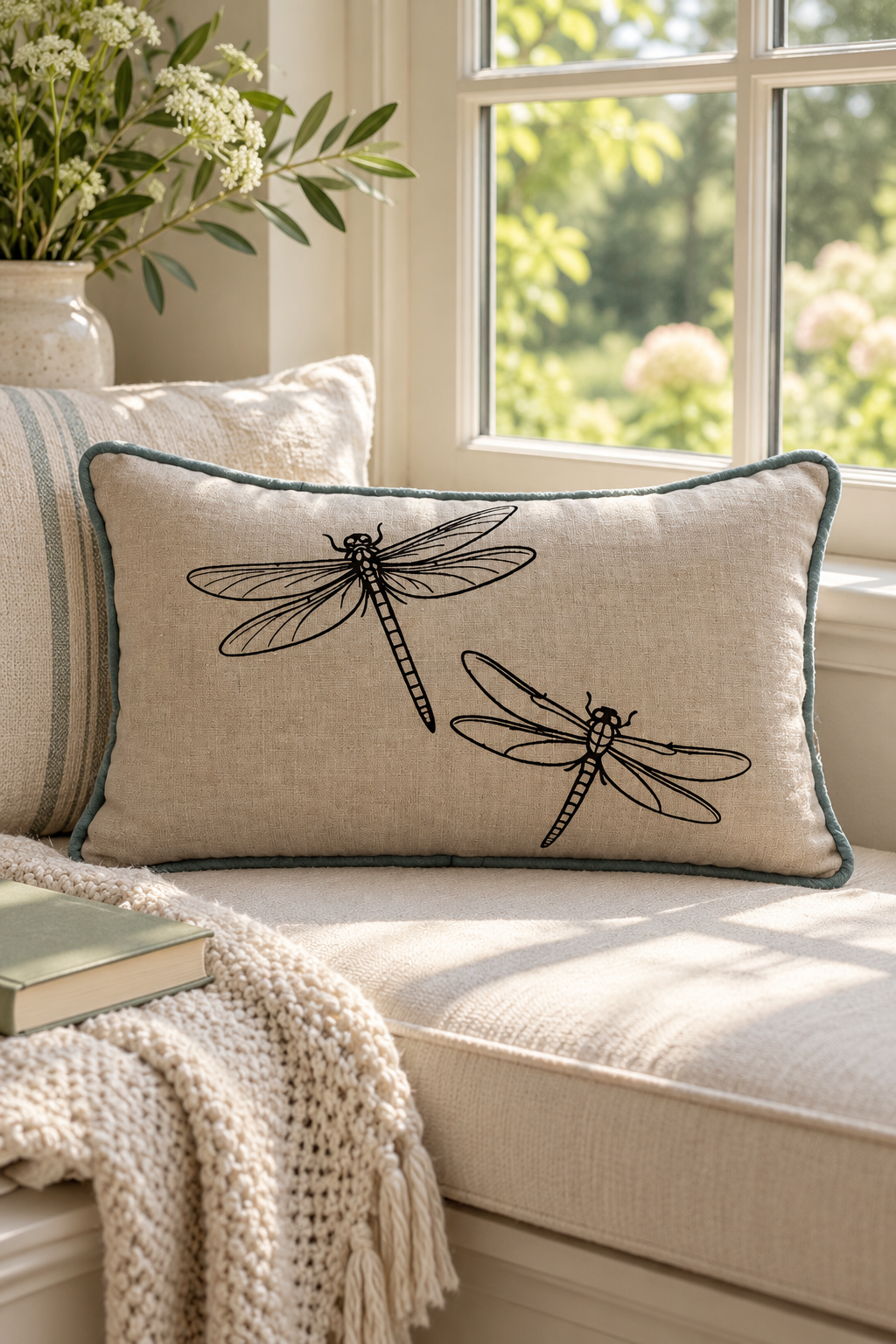 A rectangular linen throw pillow with black dragonfly printed and a duck egg border, styled on a sunlit window seat beside a cream knit blanket and a striped pillow.