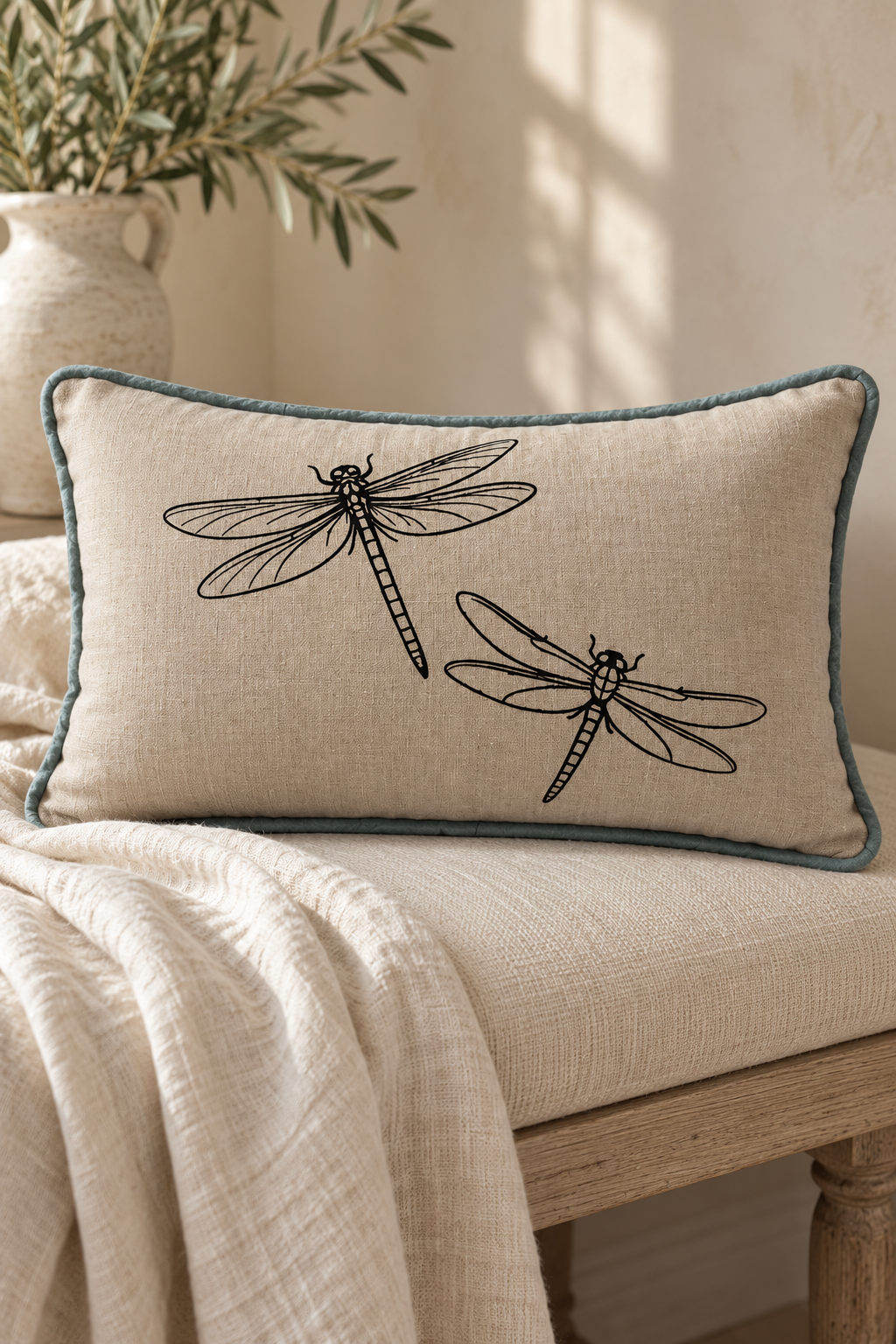 A rectangular linen throw pillow with painted dragonflies and a duck egg border, resting on a light-colored wooden bench with a neutral background.