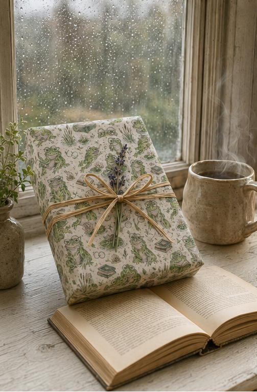 A gift box wrapped in cream-colored paper with a Frog with books pattern and tied with a natural twine bow, placed on an open book on a rustic windowsill with a mug and rain-speckled window in the background.