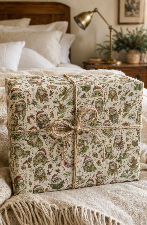 A gift box wrapped in festive Christmas-themed Bookish Frogs at Christmas Wrapping Paper a print of Santa Claus frogs reading books , tied with natural jute twine and a bow, resting on a cozy bed.