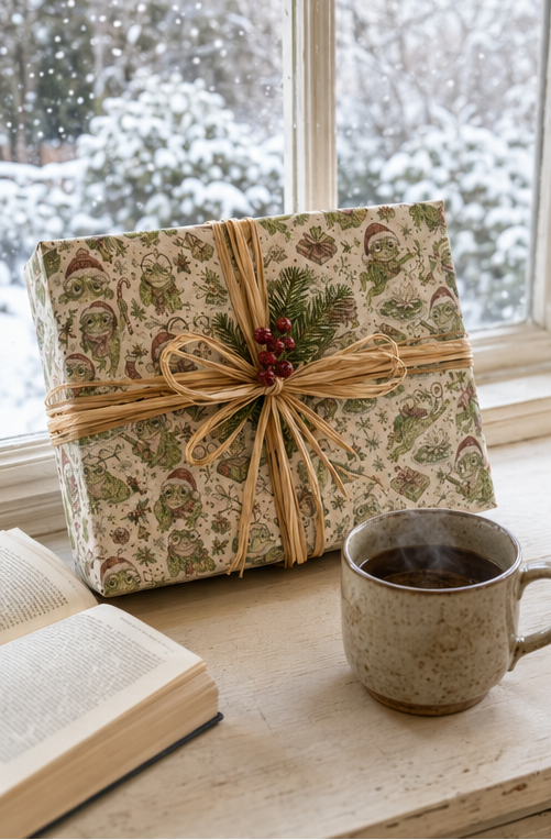 A square gift box wrapped in beige holiday-patterned paper with Bookish Frogs at Christmas Wrapping Paper and a natural jute ribbon, tied with a sprig of evergreen and red berries, sits on a windowsill next to an open book and a speckled ceramic mug filled with dark coffee. A snowy outdoor scene is visible in the background.