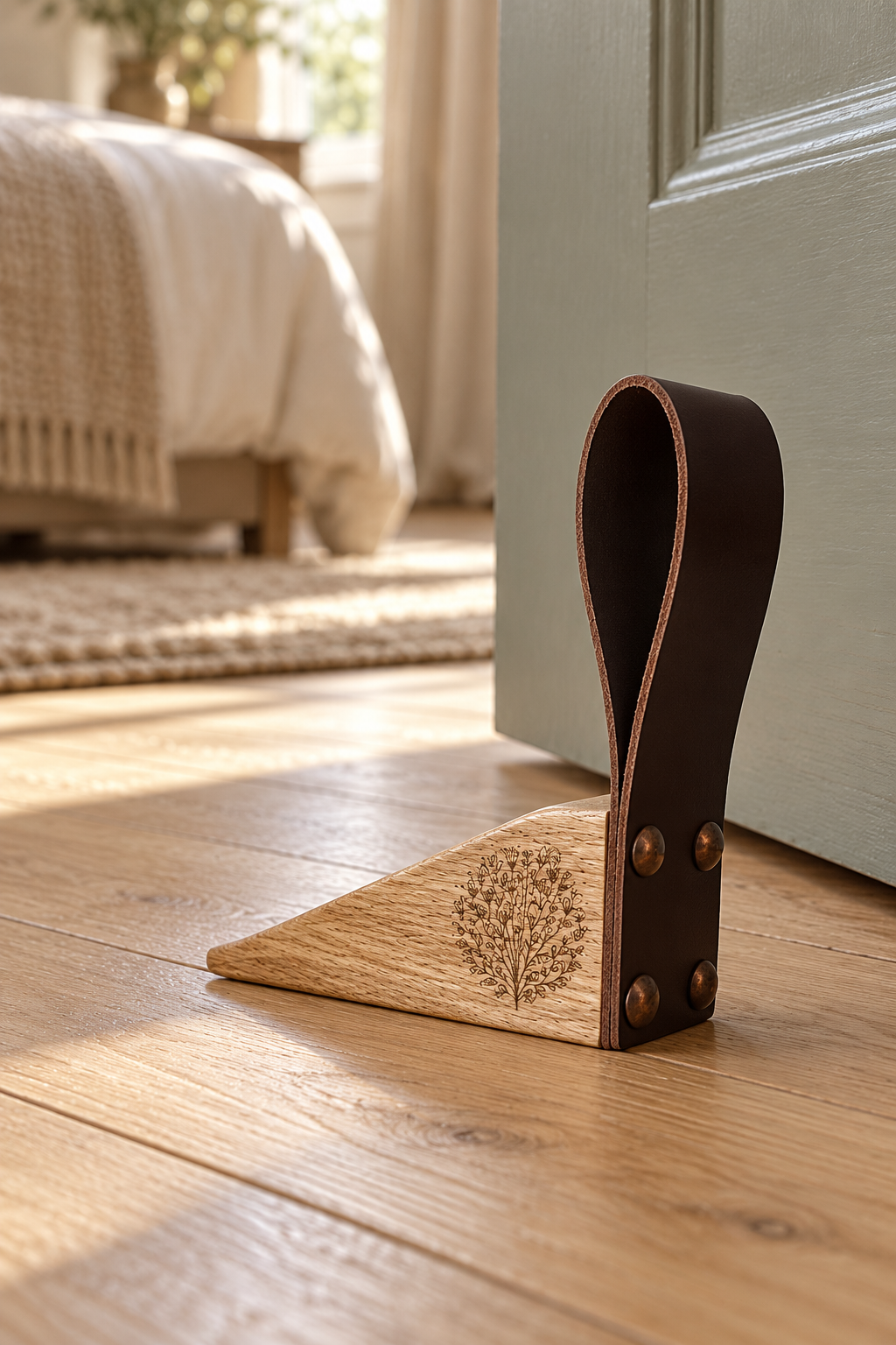 A wooden door stopper with a dark brown leather loop and brass rivets, featuring an engraved tree design on the base, shown on a light wood floor in front of a door in a bedroom setting.