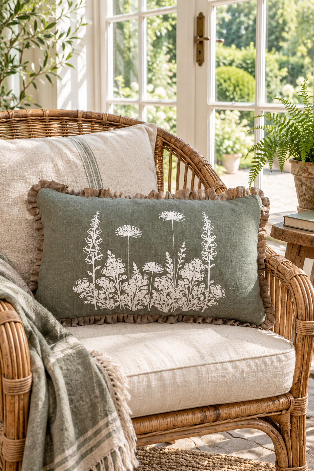 Rectangular sage botanical cushion with natural linen frill on a wicker chair beside French windows.