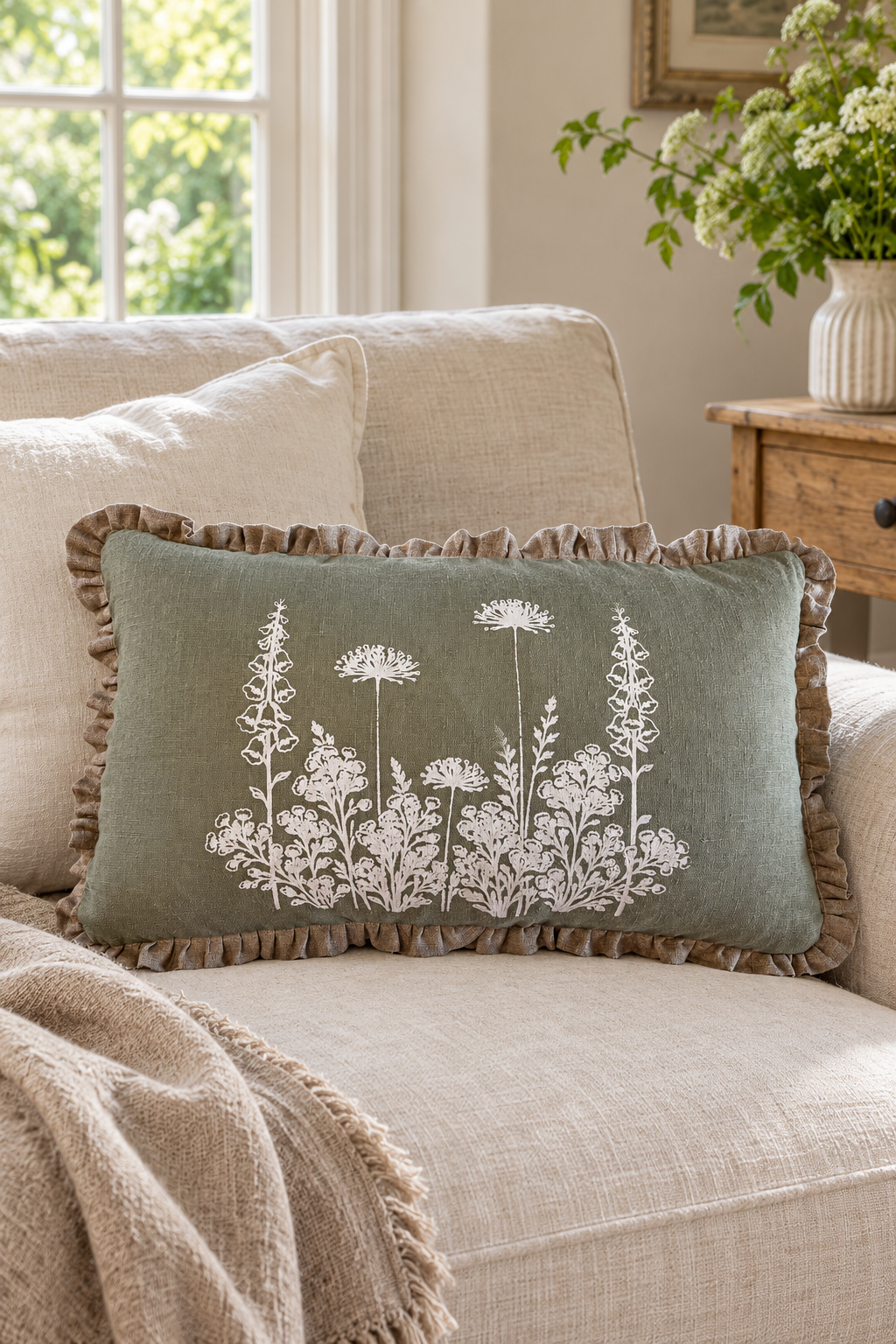 Rectangular sage Florilegium linen cushion with white botanical print and natural ruffle on an oatmeal sofa.