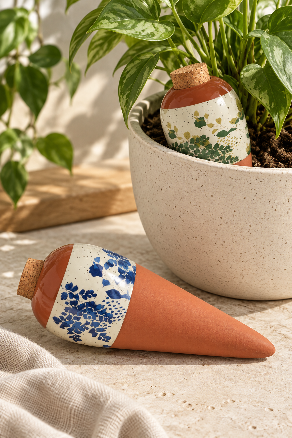 Shop Lison terracotta watering spikes in two botanical designs. With cork stoppers and slow water release, this pair brings pattern to indoor pots and planters.