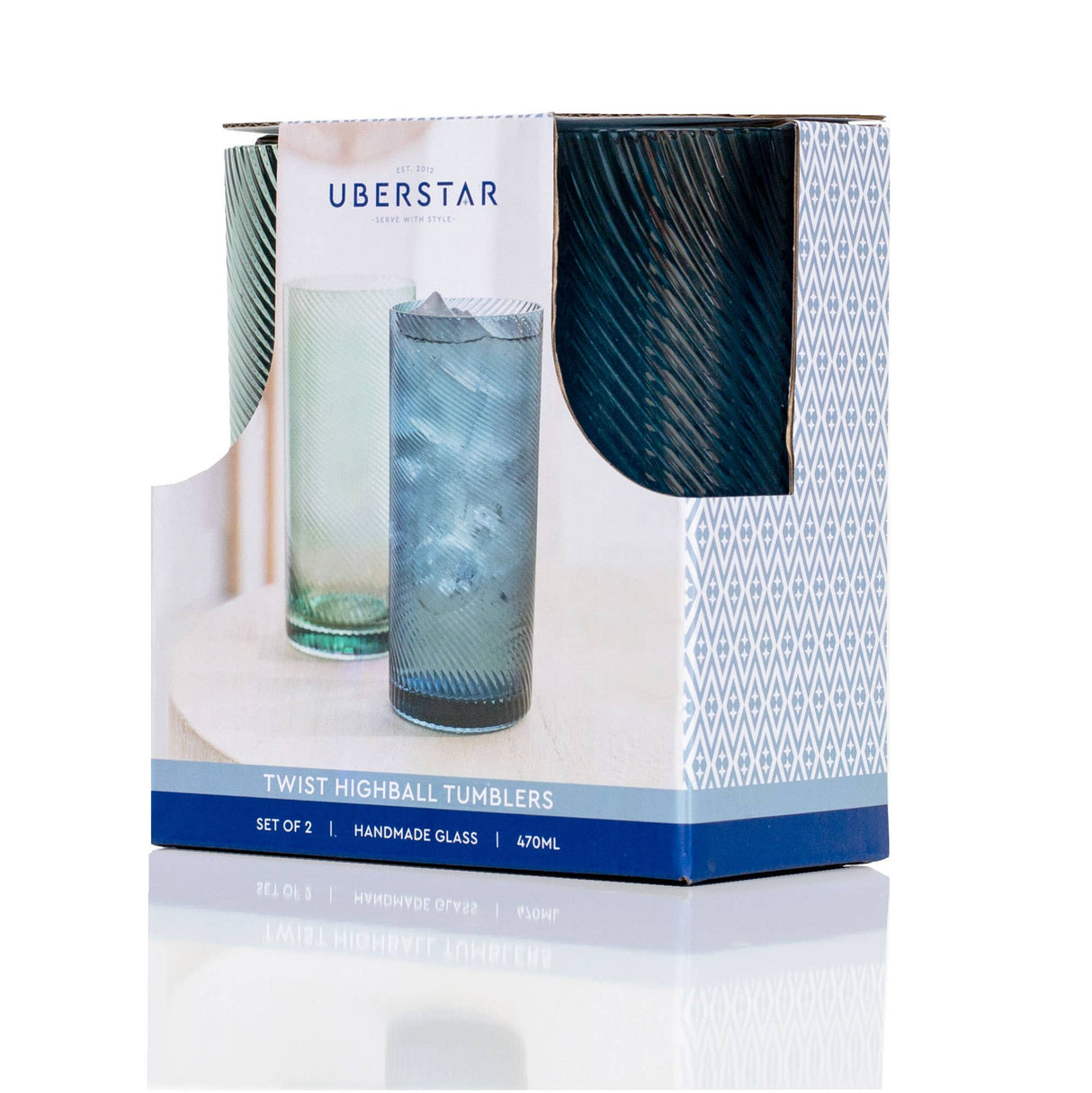 Box of Uberstar twist highball tumblers with two glasses inside on a white background