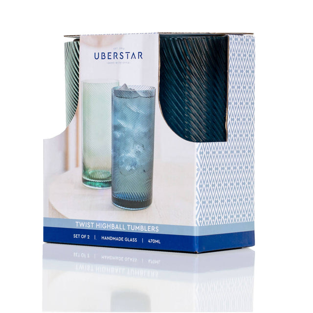 Box of Uberstar twist highball tumblers with two glasses inside on a white background