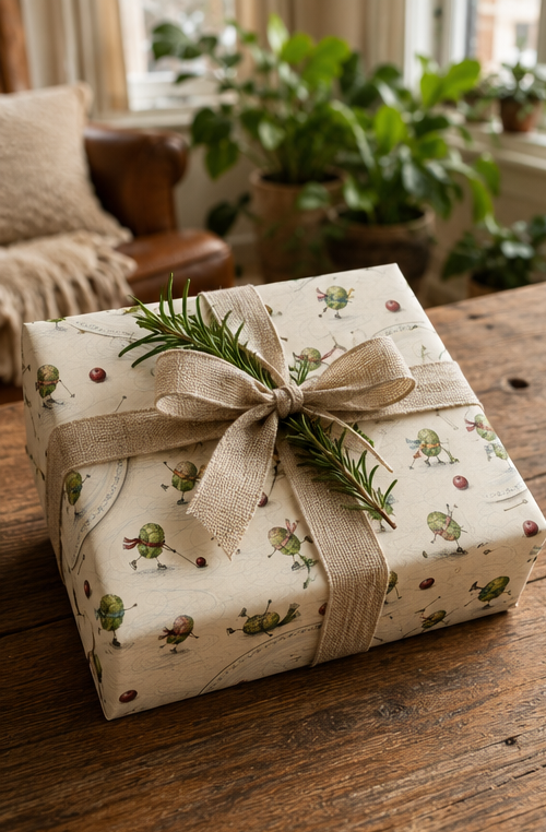 Scarf-wearing Brussels sprouts skate, race and tumble across the ice in this funny illustrated Christmas wrapping paper, with cranberries, skating poles and looping skate marks on warm ivory.