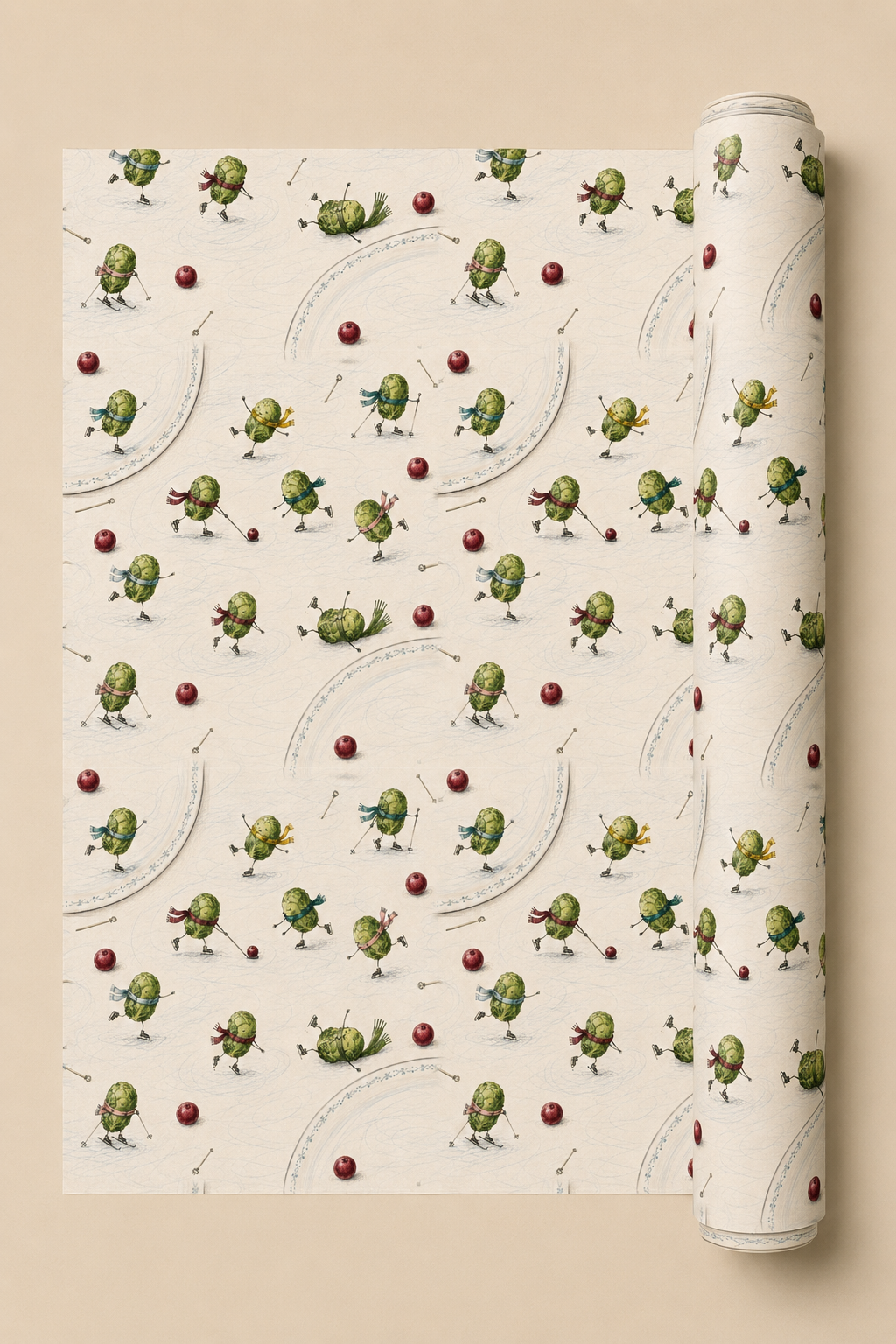 Brussels sprout Christmas wrapping paper showing green scarf-wearing sprouts skating and tumbling on ice among red cranberries and scattered skating poles.