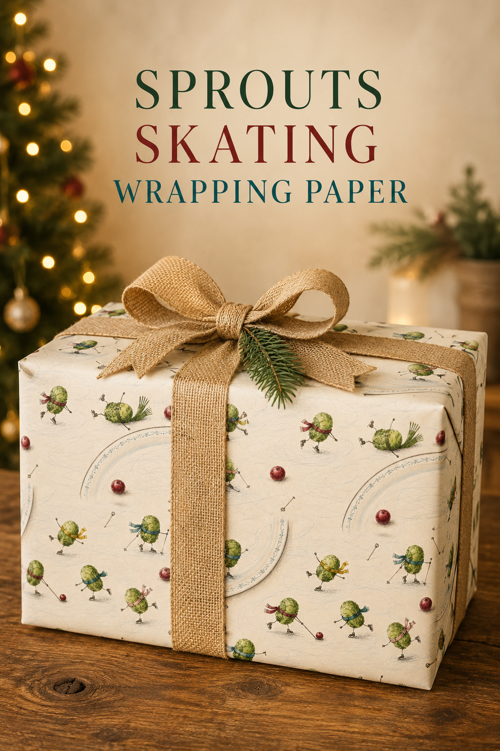 Brussels sprout Christmas wrapping paper showing green scarf-wearing sprouts skating and tumbling on ice among red cranberries and scattered skating poles.