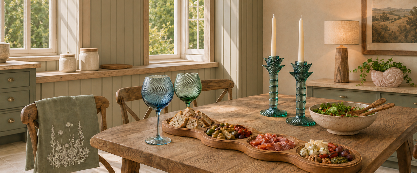 A rustic wooden dining table set in a warm, sunlit room with green paneled walls and windows. The table is styled with two blue glass goblets, teal candlestick holders with white taper candles, wooden serving boards with charcuterie and salad, and a green towel draped over a chair.