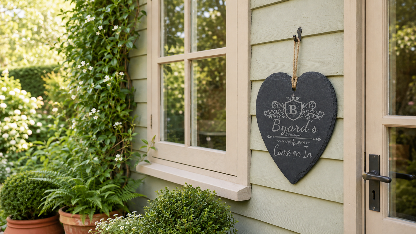Home page banner for Byard's Boutique showing a slate sign with the Byard's Boutique logo saying come on in on it. the sign is hanging by the door on a log cabin. with greenery.