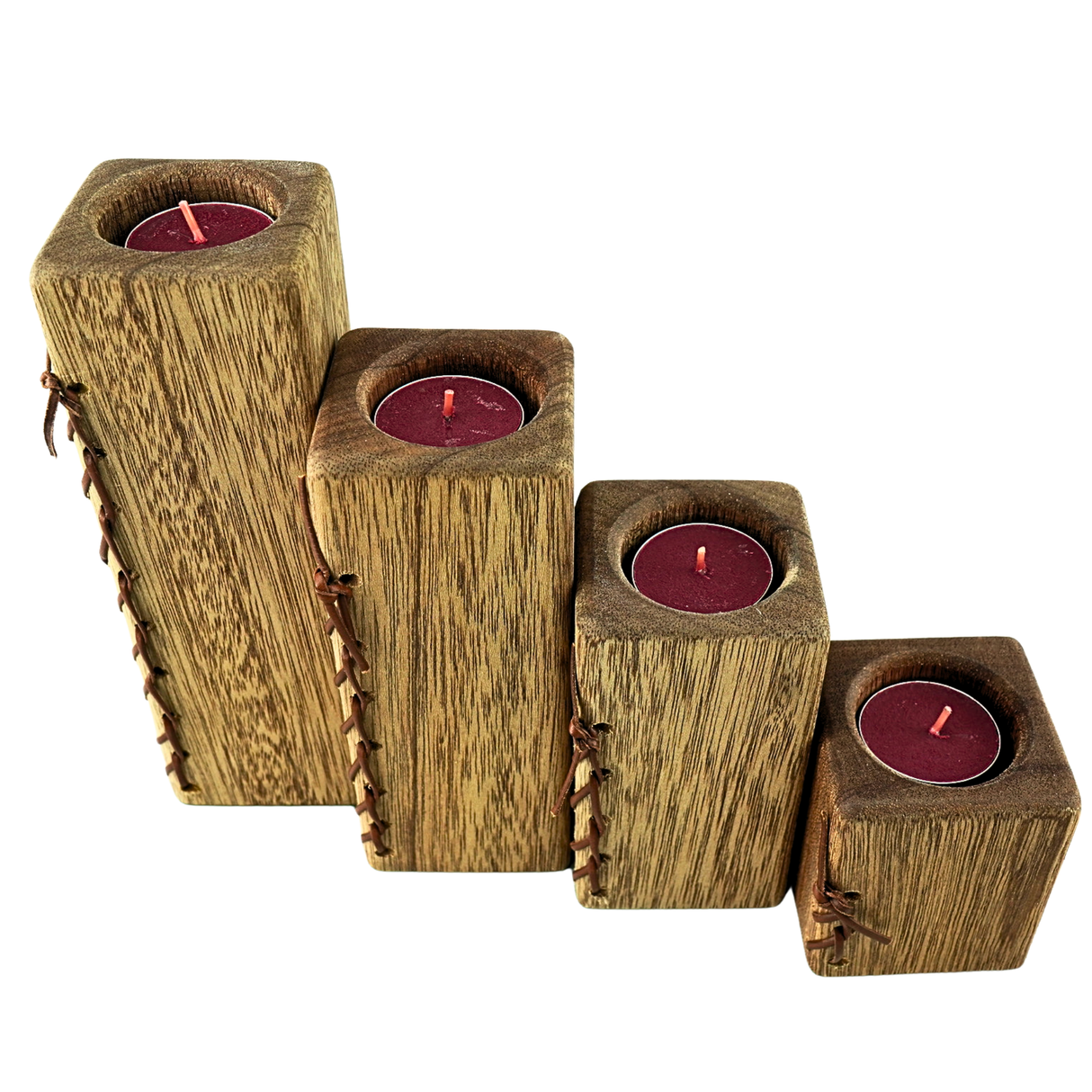 Four Oak Pillar Tea Candle Holders with leather lace detail
