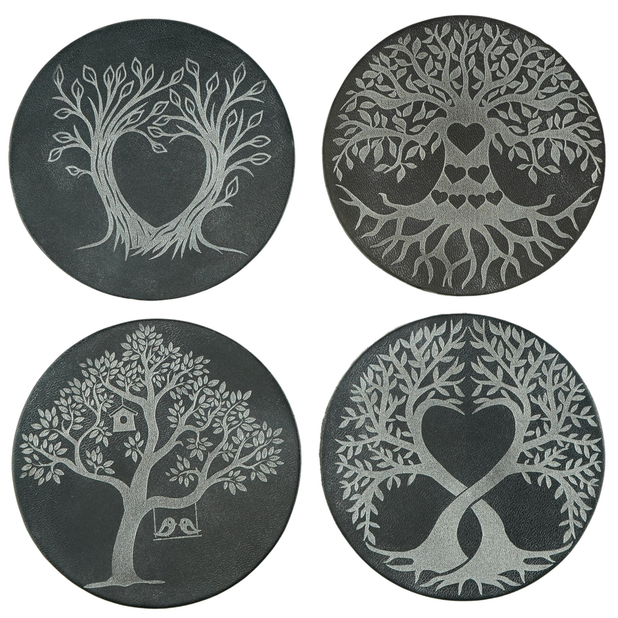 Set of 4 Leather hand crafted coasters, Love Tree edition