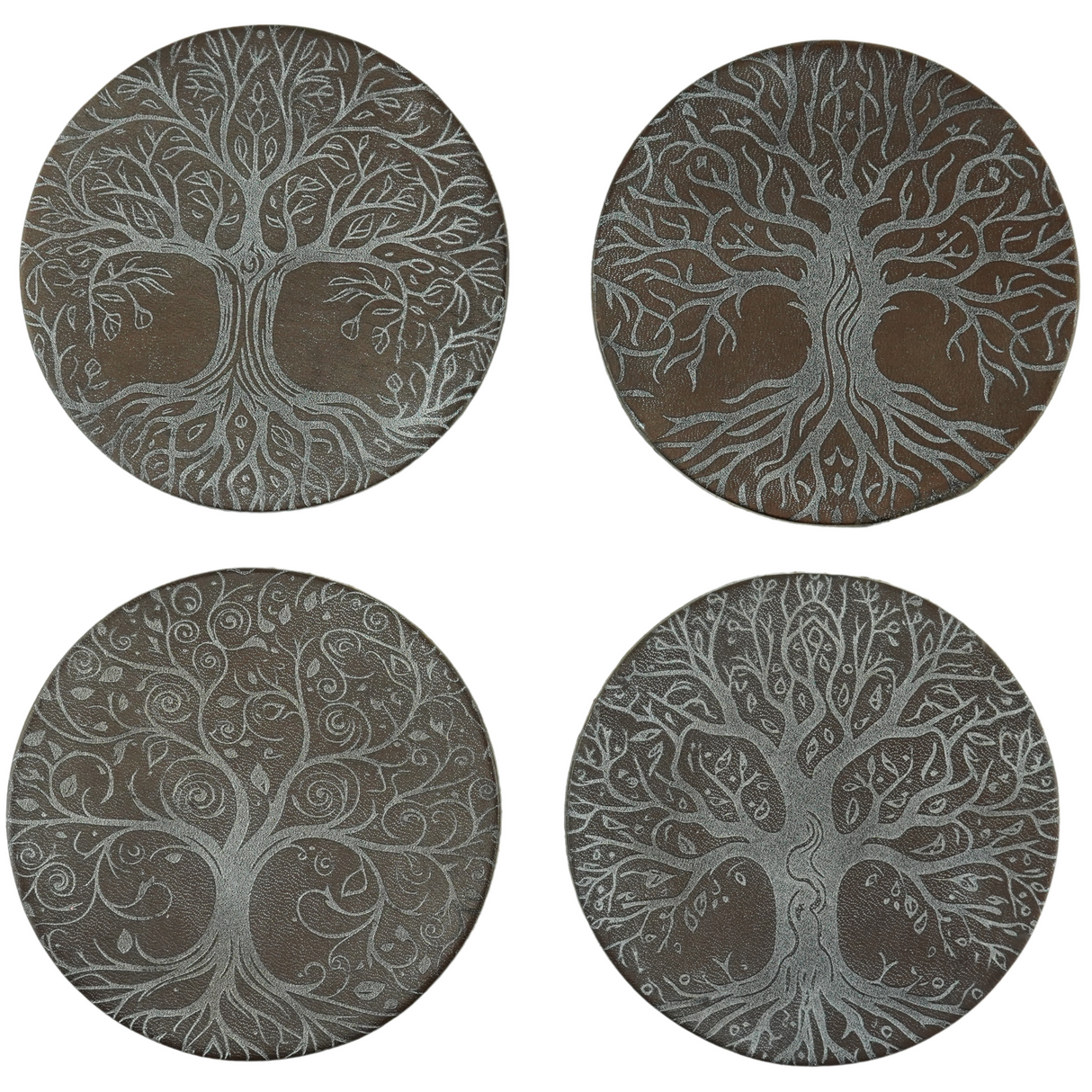 Set of 4 Leather hand crafted coasters, Tree of Life edition