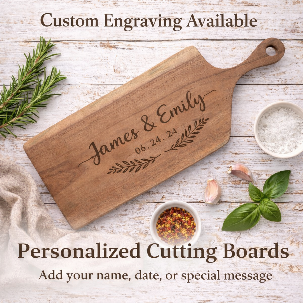Wooden cutting board with engraved text on a rustic wooden surface with herbs and spices.