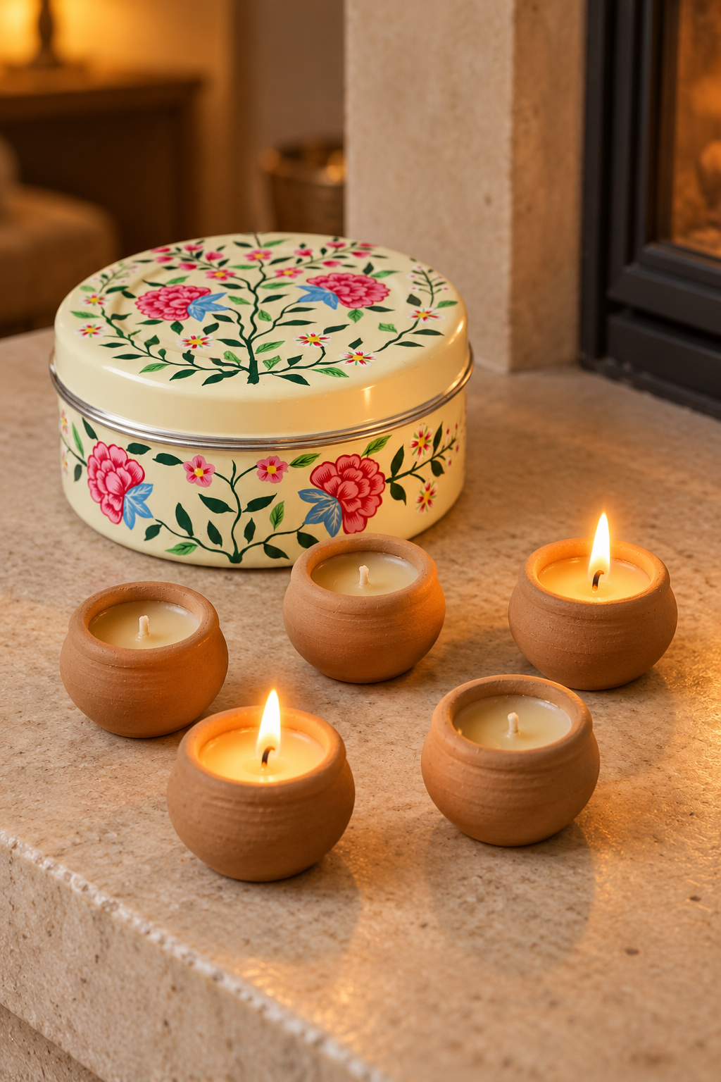 Five little terracotta candles and a hand-painted tin to keep. This candle gift set combines lavender with a subtle hint of vanilla, with approximately three hours of burn time per candle. Once emptied, the white stainless steel container can hold biscuits or small keepsakes.