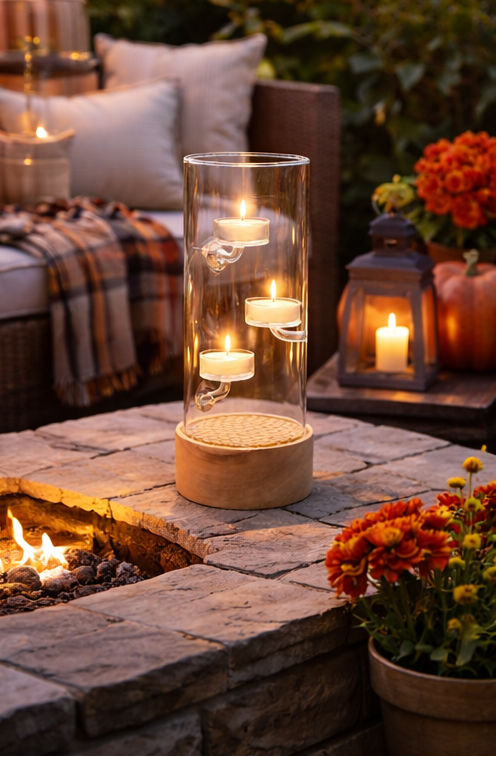 outdoor settings with glass candle holders and candles.