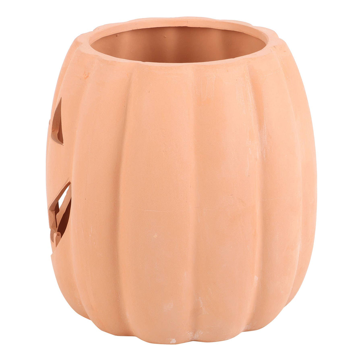 Ceramic pumpkin with jack-o'-lantern face on a white background