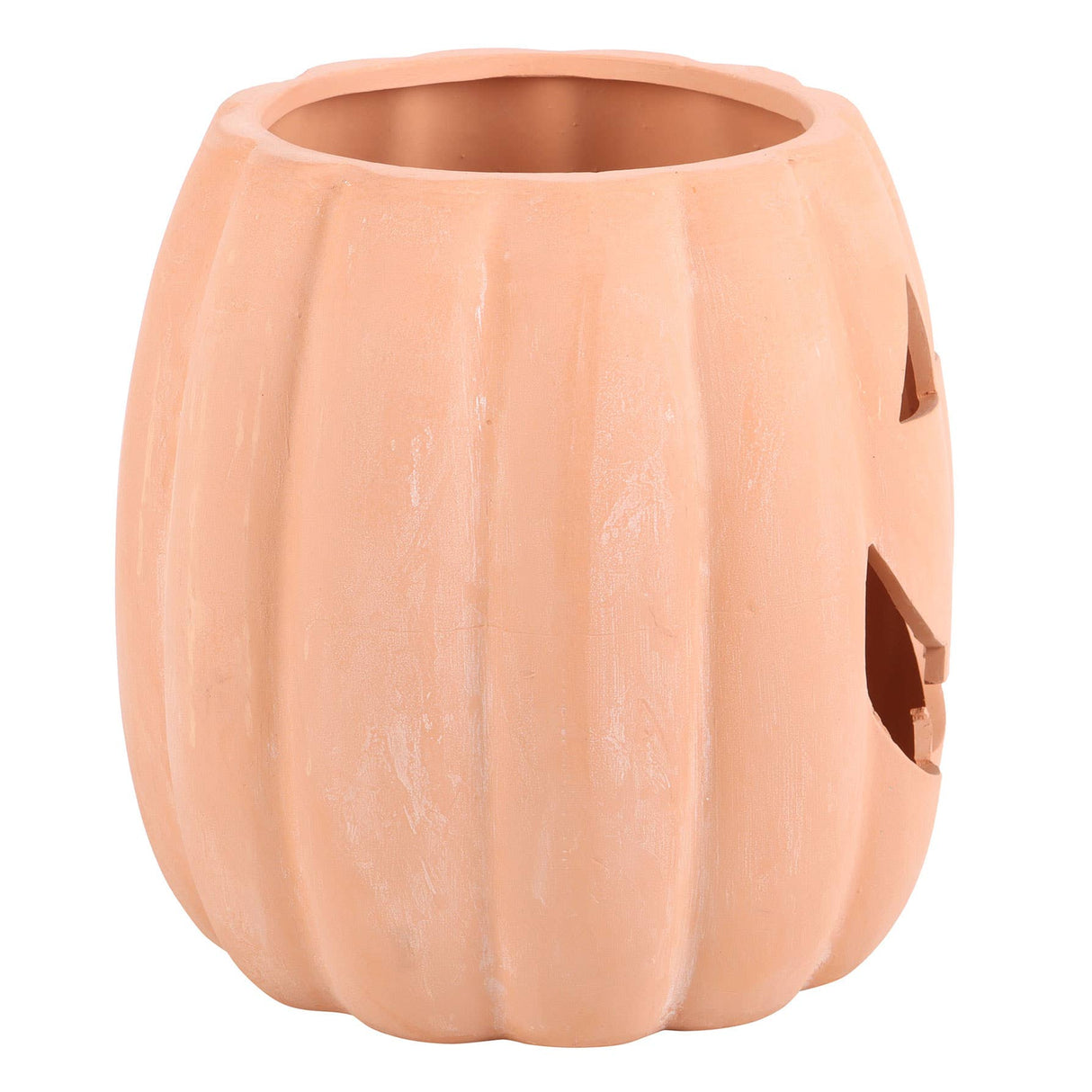 Ceramic pumpkin with jack-o'-lantern face white background