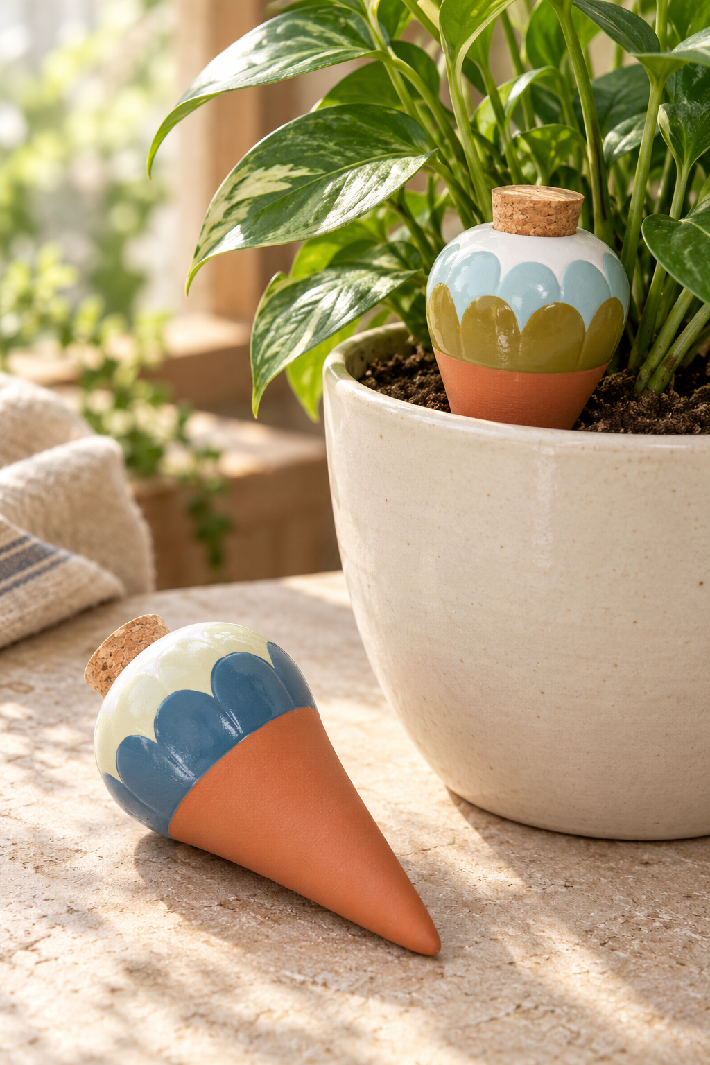 Set of two ceramic watering spikes for potted plants. Ana Blue includes complementary scalloped designs in blue, pale cream and olive, with white tops, terracotta-coloured tapered points and cork stoppers.
