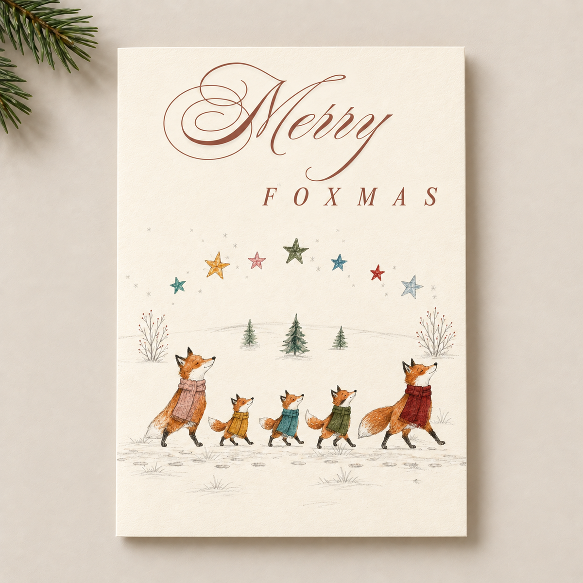 A vertical Christmas greeting card with 'Merry FOXMAS' text and an illustration of four foxes walking in the snow under colorful stars, shown on a light beige background with pine branches in the corner.