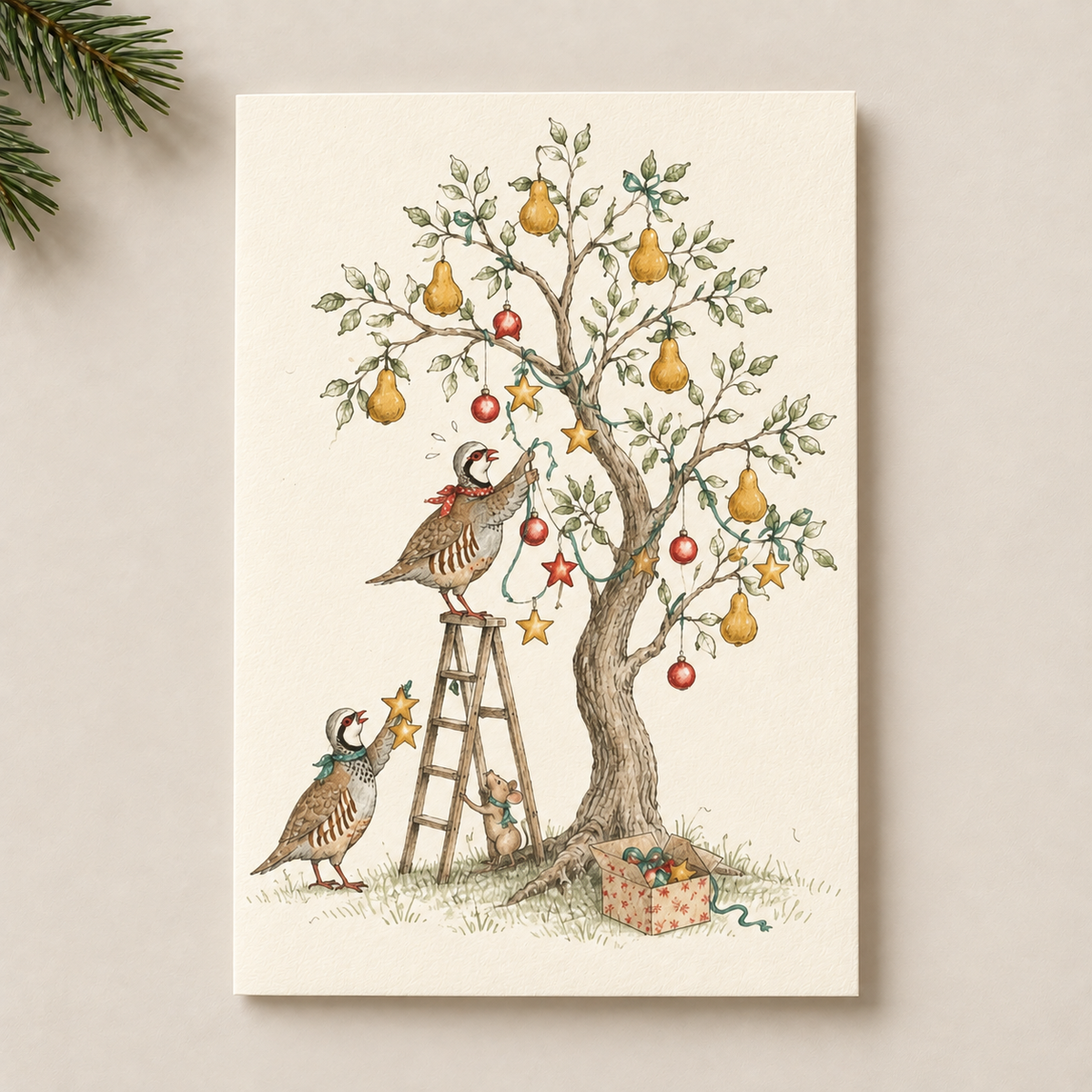 A vertical art print featuring a vintage-style illustration of two quail birds decorating a pear tree with red ornaments and stars, shown against a warm beige background with a pine branch in the top-left corner.