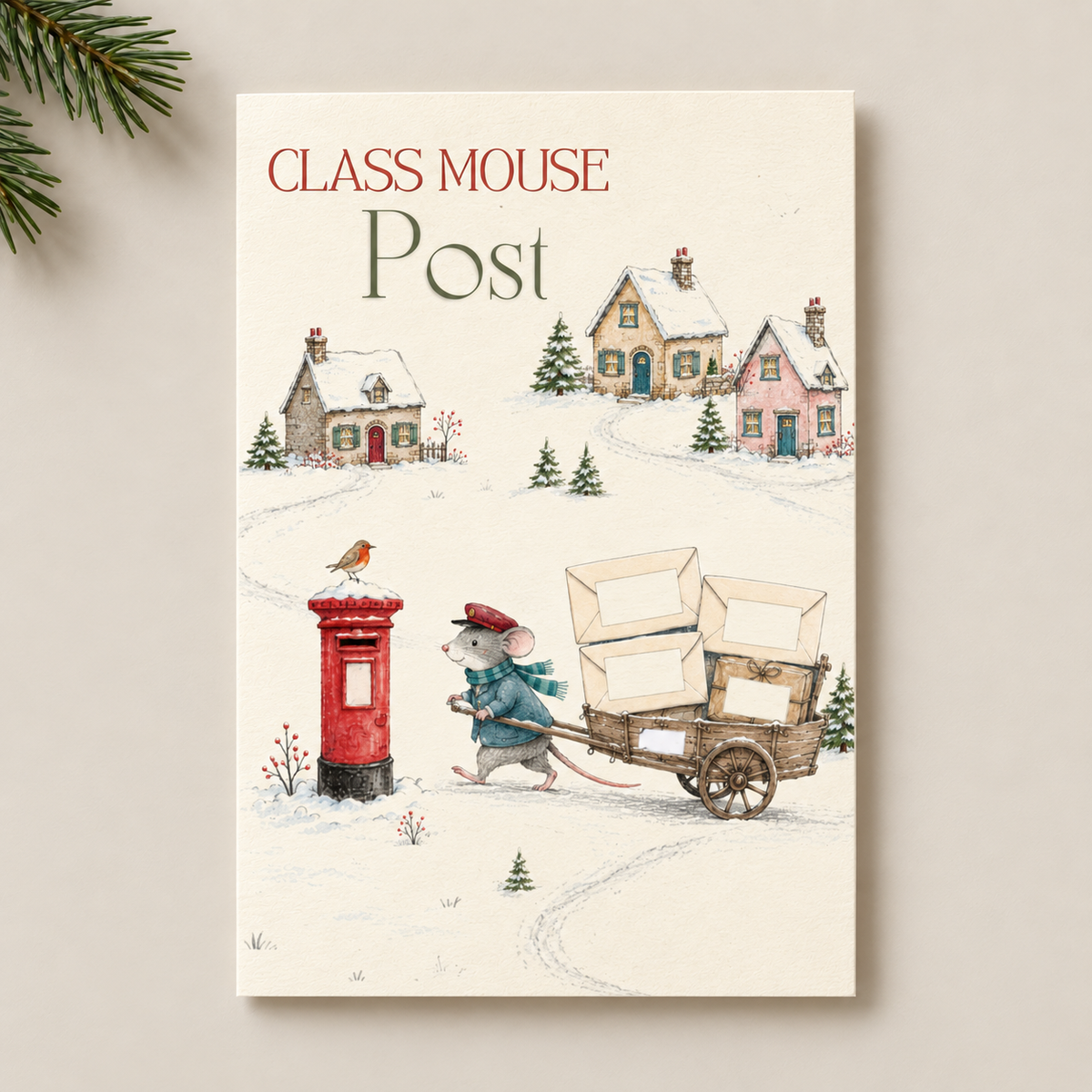 A vertical art print card featuring a winter village scene with the text 'CLASS MOUSE Post' at the top. The illustration shows a mouse dressed as a postman pushing a cart with boxes beside a red mailbox, set against a snowy landscape with small houses and evergreen trees.